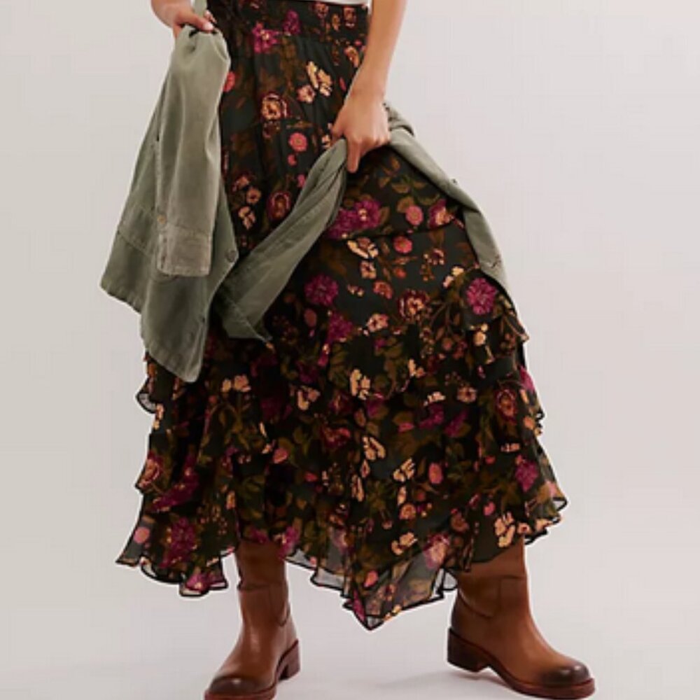 Free People Floral Maxi Skirt in Black with Pink & Brown Accents XS